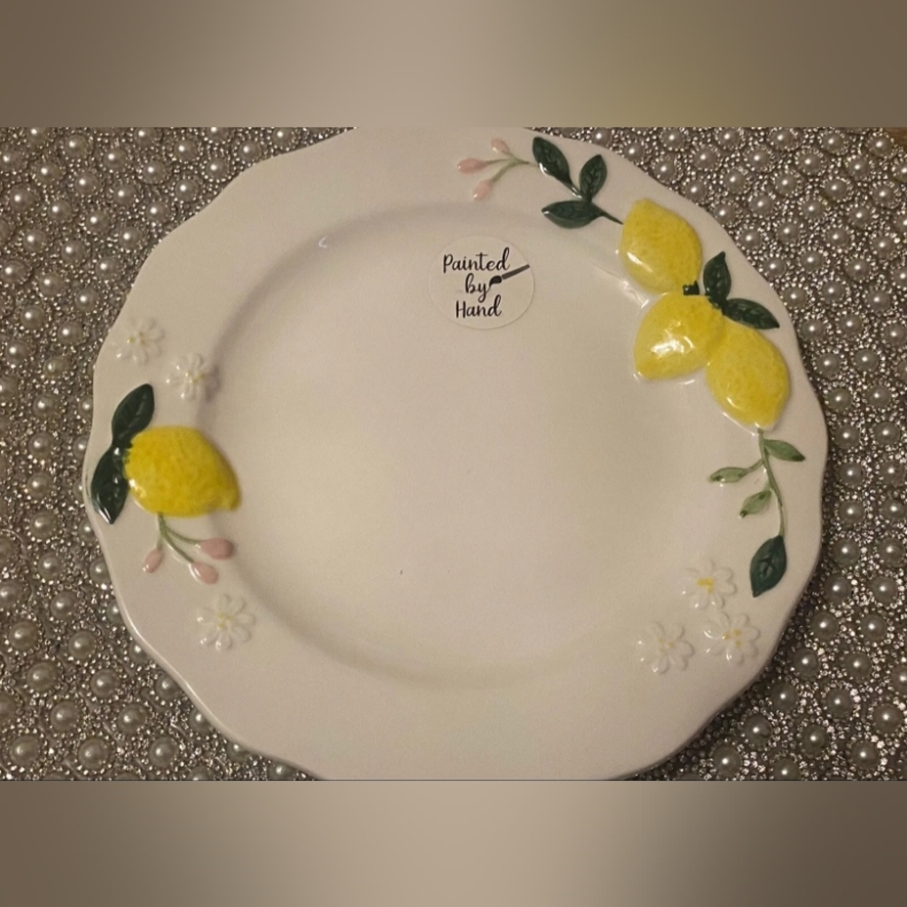 LANG BY DESIGN HAND PAINTED LEMON SIDE PLATES SET OF 4 NEW